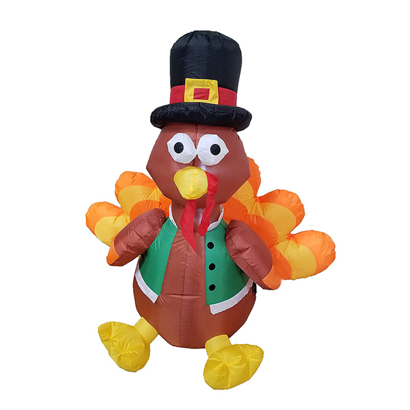 4 Foot Tall Happy Thanksgiving Inflatable Turkey With Pilgrim Hat - LED Lighted Yard Decoration